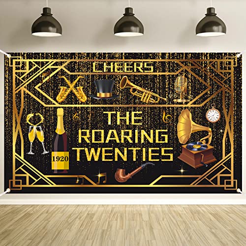 Roaring 20s Party Dekorationen Banner – Schwarz und Gold Geburtstag Vintage Musik Themed Speakeasy Dekor Hintergrund für 1920er Jahre Hochzeit Retro Jazz Party Supplies von ZELARO