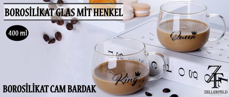 ZELLERFELD Teeglas 2er Set "King & Queen" Borosilikat Glas mit Henkel, Glas von ZELLERFELD