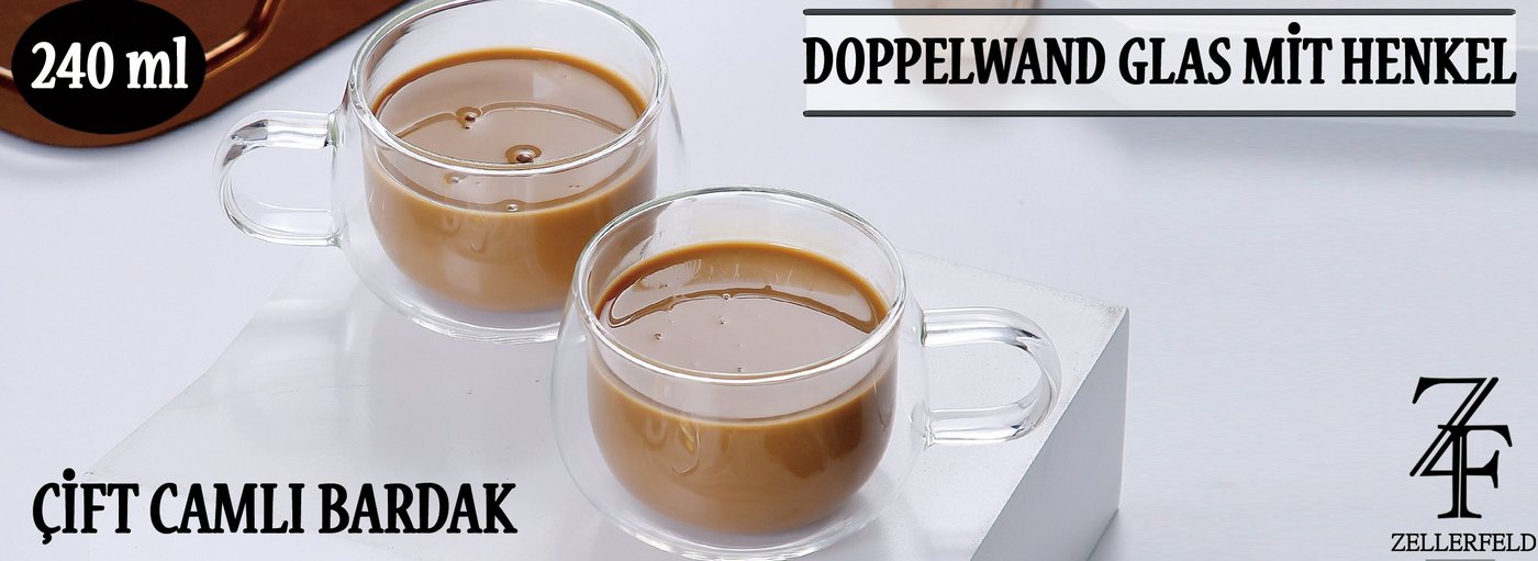 ZELLERFELD Thermoglas 2er Set Doppelwand Glas mit Henkel für Kaffee Tee Gläser-Set 240 ml, Glas ZELLERFELD Thermoglas 2er Set Doppelwand Glas mit Henkel für Kaffee Tee Gläser-Set 240 ml, Glas von ZELLERFELD