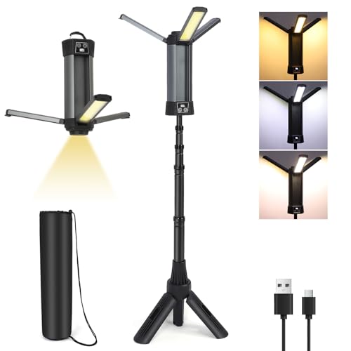 ZEMBSOYA LED Arbeitsleuchte mit magnetischem Ständer 800-2000LM 3 Farbtemperaturen 3-seitiger Kopf Digitalanzeige Wiederaufladbare drehbare Arbeitsleuchte Campinglicht mit abnehmbarem Stativ, Haken von ZEMBSOYA