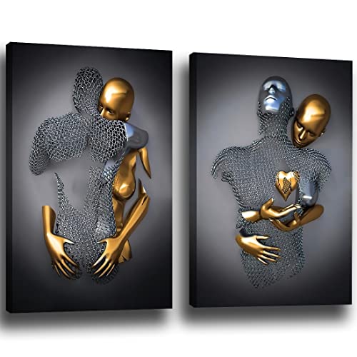 Rahmenloses 3D-Leinwand-Wandkunst, Motiv: Liebesherz, Schwarz-Weiß-Bild, Poster, Drucke, Metallskulptur-Effekt, moderne Gemälde für graues 3D-abstraktes Umarmen, Wanddekoration für Wohnzimmer, von ZEMRARE