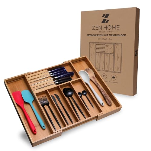 ZEN HOME Bambus Besteckkasten für Schubladen mit Messerblock, ausziehbar 33–55 x 43 x 5 cm, Anti-Rutsch Besteck Organizer Schubladeneinsatz (5-7 Fächer) von ZEN HOME - SMART LIVING -