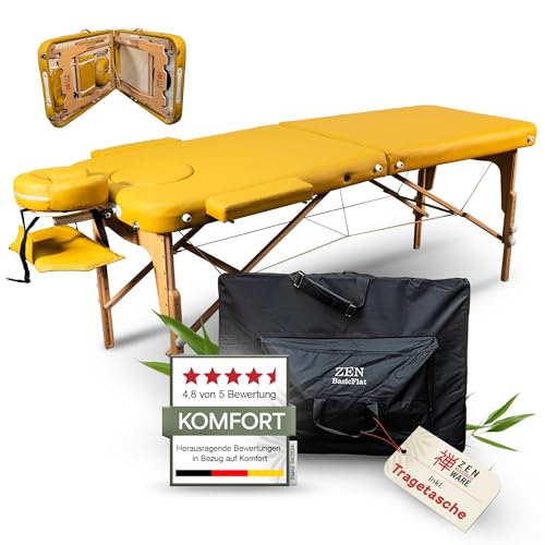 ZEN Massageliege klappbar & mobile Massagetisch aus Holz, stabile Massagebett - Massagebank höhenverstelbar, Wimpern, Tattoo & Kosmetikliege - Behandlungsliege mit Kopfteil, Armstütze & Tasche, (Gelb) von ZEN MASSAGE WARE