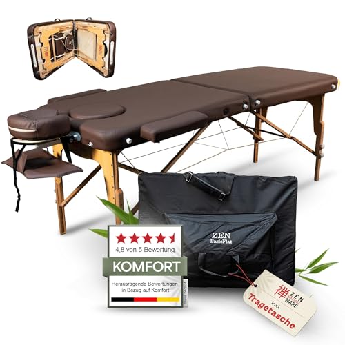 Zen – Mobile Basic III Flat Massageliege klappbar & höhenverstellbar – Massagetisch aus Vollholz mit verstellbarem Aluminium-Kopfteil – Massagebank mit Armlehnen & Tragetasche (Schokolade) von ZEN MASSAGE WARE