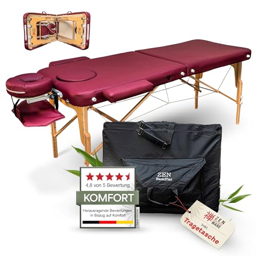 ZEN BASIC III Massageliege klappbar & mobile Massagetisch aus Holz, stabile Massagebett - Massagebank höhenverstelbar, Tattoo & Kosmetikliege, Behandlungsliege mit Kopfteil, Armstütze & Tasche Weinrot von ZEN MASSAGE WARE