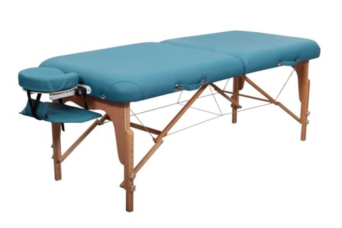 Zen – Mobile Round Corner Massageliege klappbar & höhenverstellbar – Vollholz Massagetisch mit abgerundeten Ecken für aktive Massagestile – Massagebank mit Kopfteil, Armlehnen & Tasche (Teal) von ZEN MASSAGE WARE