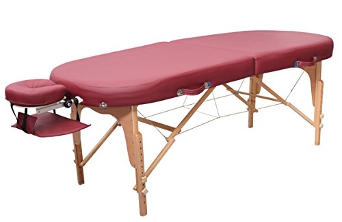 Zen – Mobile Oval FlatTop Massageliege klappbar & höhenverstellbar – Vollholz Massagetisch mit abgerundeten Ecken für aktive Massagestile – Massagebank mit Kopfteil, Armlehnen & Tasche (Burgund) von ZEN MASSAGE WARE