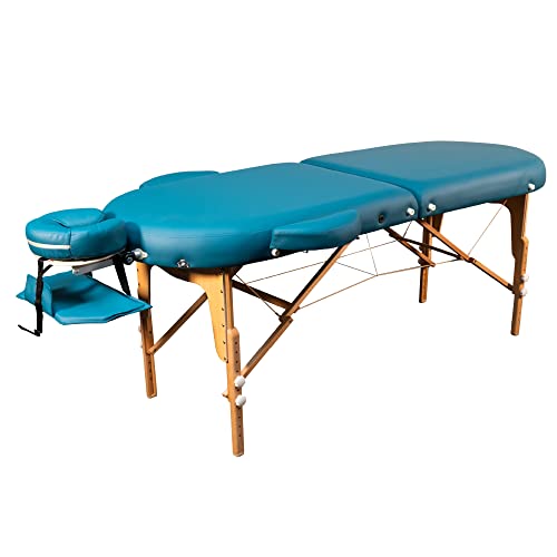 Zen – Mobile Oval Massageliege klappbar & höhenverstellbar – Vollholz Massagetisch mit abgerundeten Ecken für aktive Massagestile – Massagebank mit Kopfteil, Armlehnen & Tragetasche (Teal) von ZEN MASSAGE WARE