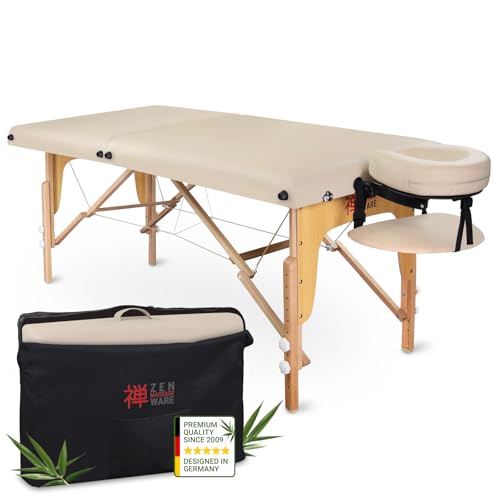 ZEN® StartUp Massageliege klappbar & Mobile Massagetisch aus Holz, stabile Massagebett - Massagebank höhenverstelbar, Tattoo & Kosmetikliege - Behandlungsliege mit Kopfteil, Armablage & Tasche (Creme) von ZEN MASSAGE WARE