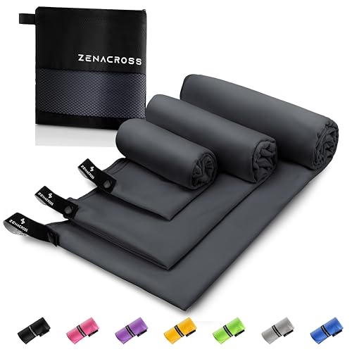 ZENACROSS Mikrofaser Handtuch (3er-Set) mit Transportbeutel - Schnelltrocknendes und vielseitiges Fitness Handtuch - Sporthandtuch Größen S, M, L - Dunkelgrau von ZENACROSS