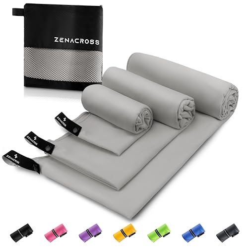 ZENACROSS Mikrofaser Handtuch (3er-Set) mit Transportbeutel - Schnelltrocknendes und vielseitiges Fitness Handtuch - Sporthandtuch Größen S, M, L - Grau von ZENACROSS
