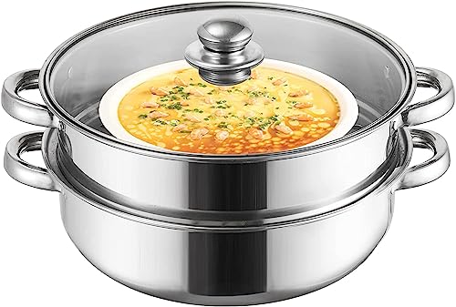 ZENFUN 2.1L Steamer Pot with Steamer Insert, 2 Tier Stack and Steam Pot Set with Glass Lid, Stainless Steel Saucepot Double Boiler Steaming Cookware for Kitcken Cooking, Double Handle, 28CM von ZENFUN