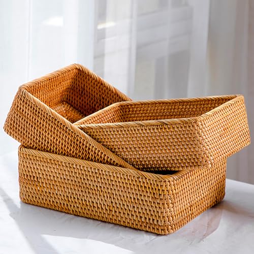 ZENFUN 3er-Pack Rechteckige Rattan Aufbewahrungskörbe, Flache Weidenkörbe für Die Dekoration, Handgefertigte Geflochtene Nesting Brotkörbe zum Organisieren, Servieren, für Küche, Zuhause, 3 Größen von ZENFUN