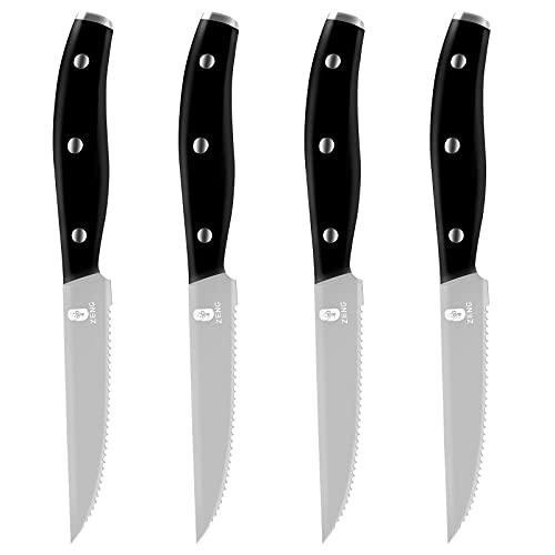 ZENG 4-Teiliges Steak messer Set Steakmesser Besteckmesser Brötchenmesser Frühstücksmesser mit Wellenschliff Hochwertiges Edelstahlmesser Set 11 cm Messerset Schwarz für Familienrestaurants von ZENG