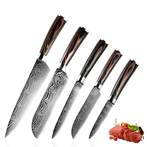 ZENG 5-Teiliges Kochmesser Set, Santoku Messer Fleischmesser Profi Damastmesser Gemüsemesser Schälmesser Scharfe Deutschem Edelstahl Küchenmesser mit Ergonomischem Pakkawood Griffen von ZENG