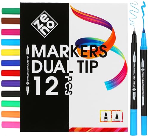 ZENO 12 Filzstifte Set mit Doppelseitiger Spitze – Dual Brush Pen für Erwachsene – Stifte Set mit Feiner Spitze und Pinselspitze für Malbücher, Mandalas und Kreative Projekte von ZENO