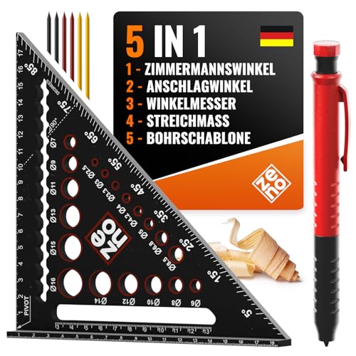 ZENO Zimmermannswinkel 180 mm - Bauwinkel - All-in-One Zimmererwerkzeug: Winkel, Winkelmesser, Lineal, Parallelanreißer, Bohrschablone - Profi-Zimmermannsbleistift ZENO Zimmermannswinkel 180 mm - Bauwinkel - All-in-One Zimmererwerkzeug: Winkel, Winkelmesser, Lineal, Parallelanreißer, Bohrschablone - Profi-Zimmermannsbleistift von ZENO