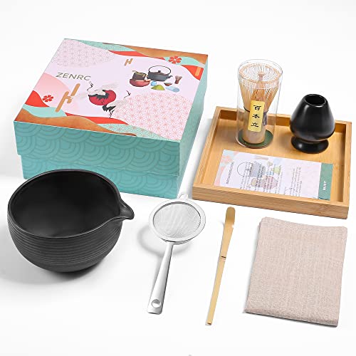 ZENRC Matcha-Set für Zeremonie – Traditioneller Matcha-Schneebesen (Chasen) aus Bambus (Chashaku) Chawan-Schüssel mit Ausgießer, Schneebesen-Halter, Sieb-Teetablett – das perfekte Matcha-Set von ZENRC