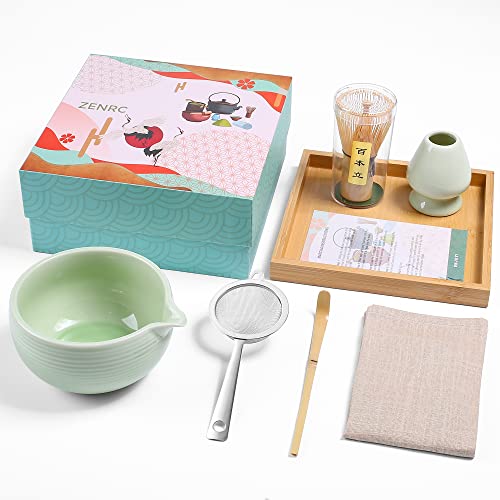 ZENRC Matcha-Set für Zeremonie – handgefertigter Bambus-Matcha-Schneebesen (Chasen) Schaufel (Chashaku) mit Ausgießer Chawan Schüssel Schneebesen Halter Sieb Bambus Teetablett Handtuch - Das perfekte von ZENRC