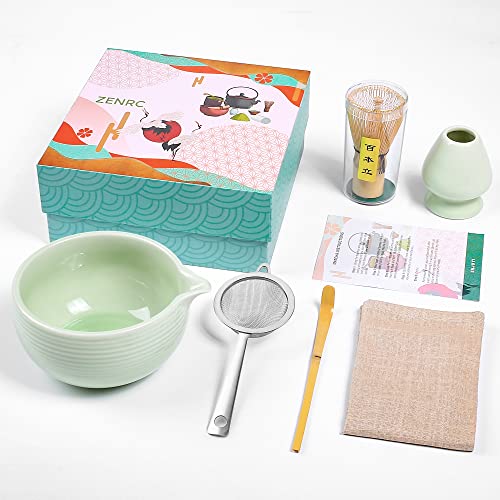 ZENRC Zeremonie Matcha Kit – Traditioneller Matcha-Schneebesen (Chasen) aus Bambus (Chashaku) Chawan Schüssel mit Ausgießer Schneebesen Halter Sieb Geschirrtuch - Das perfekte Matcha-Set (Apfelgrün, von ZENRC