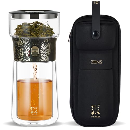 ZENS Coole Glas-Teekanne mit Teesieb, Smart One Touch Teebereiter für losen Tee-Diffusoren mit isoliertem Becher und tragbaren Tee-Kits, verzauberte Teekannen-Alternativen für Teeliebhaber Geschenke von ZENS