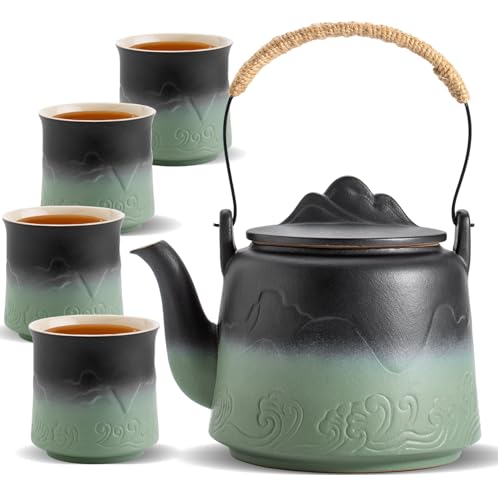 ZENS Design Japanische Teeservice,1000ml Gradienten Geprägtem Japanische Teekanne Keramik mit 4 Tassen und Eingebautes Sieb für Losen Tee Steeper,Hanfseilgriff Teekanne Geschenk,Schwarz & Bohne grün von ZENS