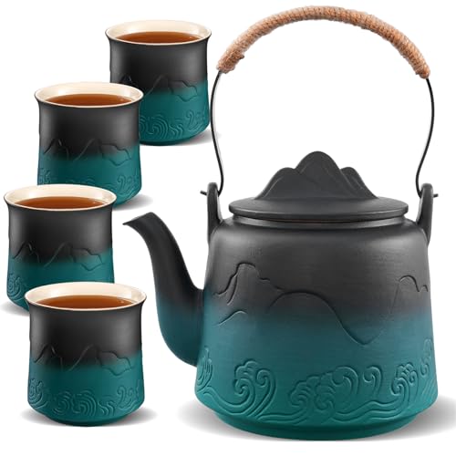 ZENS Design Japanische Teeservice,1000ml Gradienten Geprägtem Japanische Teekanne mit 4 Tassen Set, Hanfseilgriff Teeset mit Eingebautes Sieb für Weißer Losen Tee Steeper, Schwarz & Grüner von ZENS