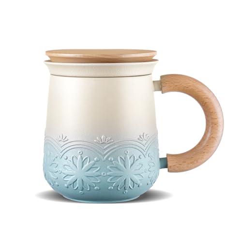 ZENS Geprägte Teetasse mit Teesieb und Deckel, 325 ml, blaue Sonnenblumen-Keramik-Teetasse für losen Tee, Teeliebhaber, Geschenke von ZENS