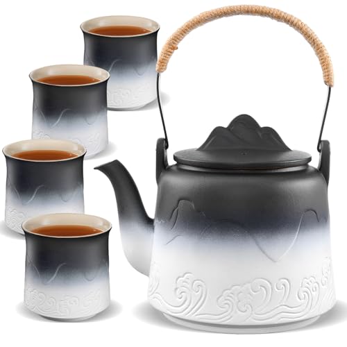 ZENS Japanische Teekanne mit 4 Tassen Set, 1000ml Gradienten Geprägtem Japanische Teeservice mit Eingebautes Sieb für Losen Tee Steeper, Hanfseilgriff Teekanne Keramik Geschenk, Schwarz & Weiß von ZENS
