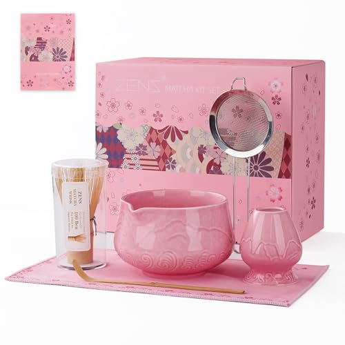 ZENS Matcha-Schneebesen-Set, 6-teiliges Matcha-Set, Rosa, inklusive 425 ml Keramikschale und Bambus-Schneebesen (Chasen-Halter), 304-Sieb und rosa Handtuch, japanisches Matcha-Set für von ZENS