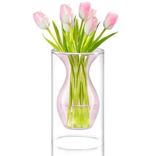 ZENS Rosa Glas-Blumenvase, modern, mundgeblasen, ausgehöhlt, Klarglasvasen für Heimdekoration, Hochzeitsdekoration von ZENS