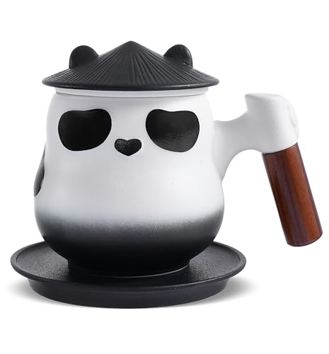 ZENS Teetasse Mit Sieb und Deckel für Losen Tee, 325 ml, Niedlicher Panda-Design, Holzgriff, Keramik, Mit Untersetzer - Geschenk für Tochter und Sammler von ZENS