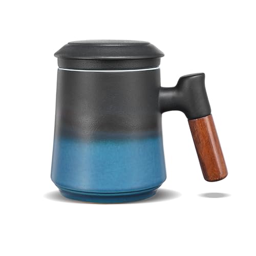 ZENS Teetasse mit Deckel und Sieb, 430ml Gradienten Blau Holzgriff Teebecher, Matte Keramik Teetassen mit Teesieb für Losen Tee Geschenke, Schwarz und Blau von ZENS