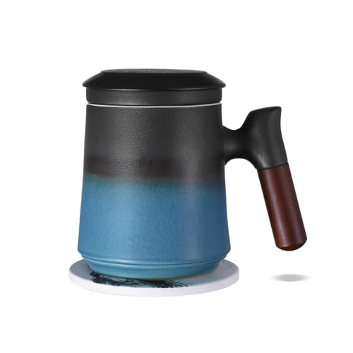 ZENS Teetasse mit Deckel und Sieb, 430ml Gradienten Blau Holzgriff Teebecher mit Saugfähigen Untersetzer, Matte Keramik Teetassen mit Teesieb für Tee Geschenke, Schwarz und Blau von ZENS