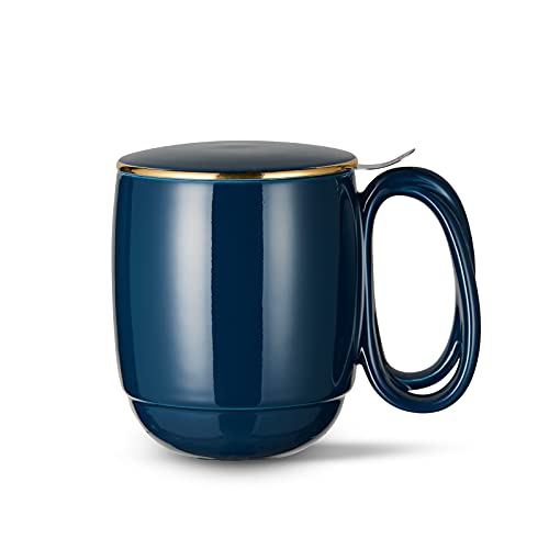 ZENS Teetasse mit Deckel und Sieb, 480ml Große Gewundene Griff Losen Teebecher, Marineblau Glatt Porzellan Teetassen mit Goldbesatz Deckel für Einweichen Tee von ZENS