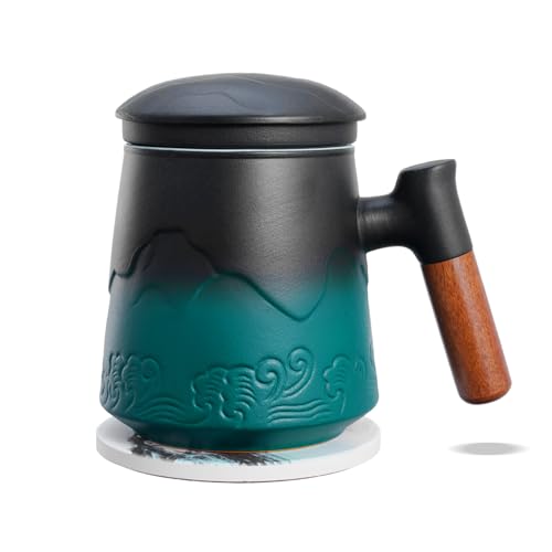 ZENS Teetasse mit Deckel und Sieb, 500 ml Große Holzgriff Teebecher mit Teesieb für Losen Tee, Geprägtem Keramik Teetassen und Untersetzer Set, Geschenke für Teeliebhaber, Schwarz und Grün von ZENS