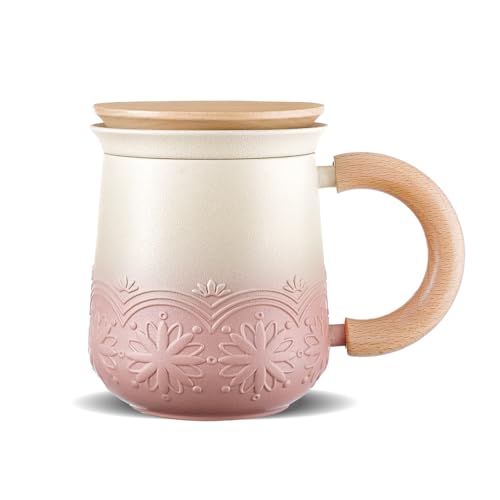 ZENS Teetasse mit Teesieb und Deckel, 325 ml, geprägte Sonnenblumenkeramik, lose Blätter, Teetasse mit Holzdeckel, Tasse mit feinem Sieb für Geschenke, Blassrosa von ZENS