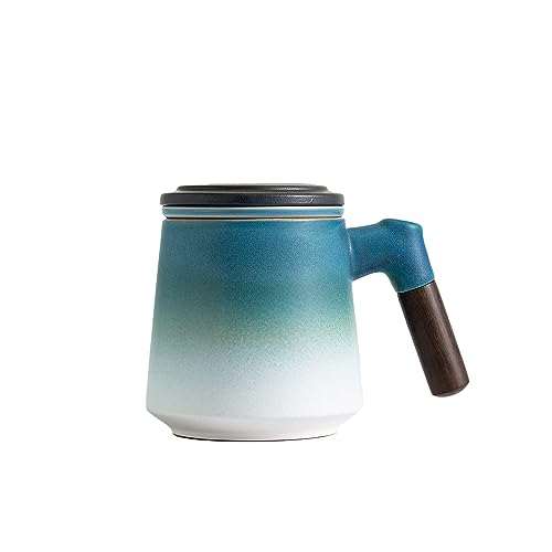 ZENS Teetasse mit Deckel und Sieb, 360ml Holzgriff Losen Teebecher mit Teesieb, Matte Gradienten Hellblau Keramik Teetassen für Tee Geschenke, Blau und Weiß von ZENS