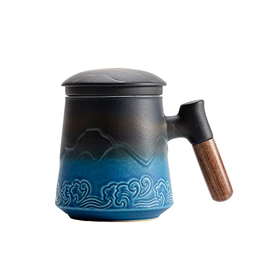ZENS Teetasse mit Deckel und Sieb, 450ml Große Holzgriff Teebecher mit Teesieb und Gradienten Geprägtem Muster, Matte Keramik Teetassen für Tee Geschenke, Schwarz und Blau von ZENS