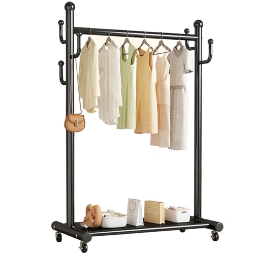Kleiderständer Aus Metall,Garderobenständer Auf Rollen,Wäscheständer Mit Unterem Regal,Freistehende Kleiderbügel,Kleiderstange(Black,120cm/47.2in) von ZENSTYW