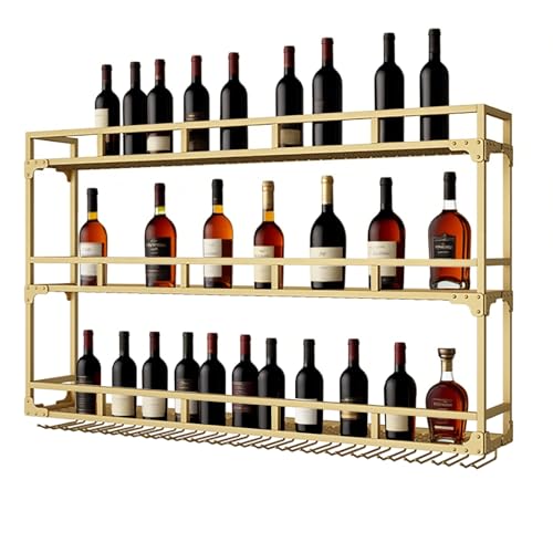 Weinregal Zur Wandmontage,Industriedesign-Metallständer Mit Glashalter,Weinflaschenhalter,Weinregal Wand Mit LED-Licht,Weinregale Hängend Für Küche Weinkeller(Gold,80X90cm/31.5x35.4in) von ZENSTYW