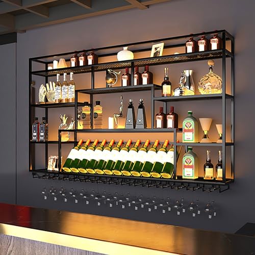 ZENSTYW Modernes Weinregal Wand Aus Metall,Großes Industriell Schwebende Wandmontage Weinflaschenhalter,Bar Regal Mit Glasregal,Bar Multifunktionaler Weinpareite Display Rack(180x120cm(70.8x47.3in)) von ZENSTYW