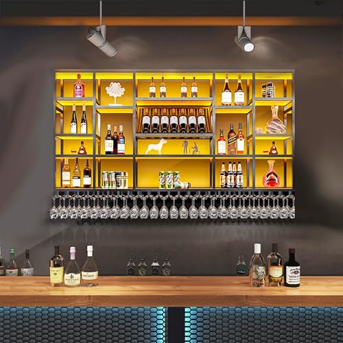 ZENSTYW Weinregal Zur Wandmontage Mit LED-Beleuchtung,Wand Montiertes Weinregal Mit Weinglasregal,Metallbar Weinflaschen Präsentationsregal,Wandmontage Wine Display-Ständer(180x120cm(70.8x47.3in)) von ZENSTYW