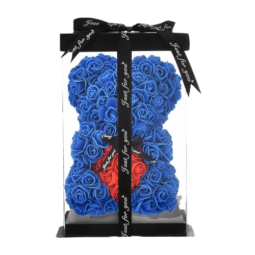 ZENZERO® - Rosa Bär - Teddybär mit Rosen aus PE - Teddybär in Geschenkbox - Größe 26 x 17 cm - Stück: 1 - Verschiedene Farben erhältlich - Farbe: (BLAU ROTES HERZ) von ZENZERO