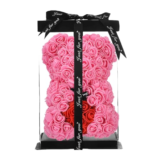 ZENZERO® - Rosa Bär - Teddybär mit Rosen aus PE - Teddybär in Geschenkbox - Größe 26 x 17 cm - Stück: 1 - verschiedene Farben erhältlich - Farbe: (ROSA ROTES HERZ) von ZENZERO