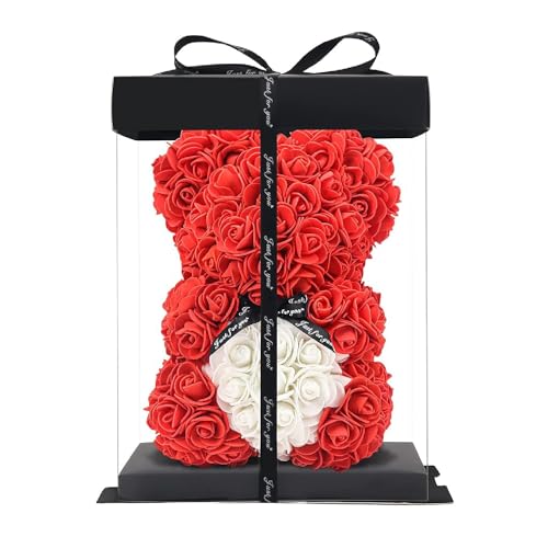 ZENZERO® - Rosa Bär - Teddybär mit Rosen aus PE - Teddybär in Geschenkbox - Größe 26 x 17 cm - Stück: 1 - verschiedene Farben erhältlich - Farbe: (ROT HERZ WEISS) von ZENZERO