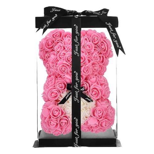 ZENZERO® - Rosa Bär - Teddybär mit Rosen aus PE - Teddybär in Geschenkbox - Größe 26 x 17 cm - Stück: 1 - verschiedene Farben erhältlich - Farbe: (rosa Herz weiß) von ZENZERO