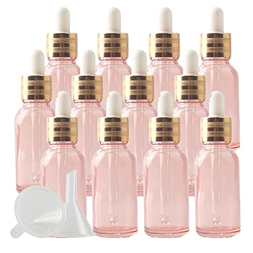 ZEOABSY 12 Stück 20ml Leere Rosa Pipettenflasche mit Gold Pipettenring, Glaspipette Tropfpipetten für Aromatherapie ätherische Öle Dosierung Lagerung flüssiger Glasflasche + 2x Trichter von ZEOABSY