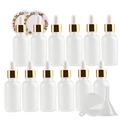 ZEOABSY 12 Stück Matt transparent Pipettenflasche mit Gold Pipettenring, 30ml Glasflasche Glaspipette Tropfpipetten für Ätherisches Öl,Aromatherapie, Massage, Duftöl Probe +Trichter von ZEOABSY