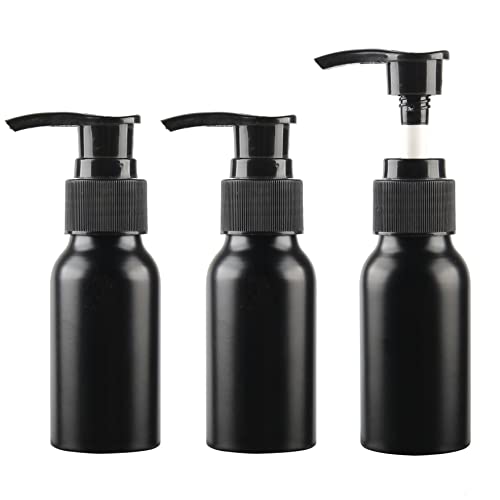 ZEOABSY 3 Stück 50 ml Leere Rund Schwarz Aluminium Flasche mit Seifenspender, 50ml Lotionspender Gelspender mit Schwarz Pumpenkopf zum befüllen für Kosmetik Cremigen Substanzen,Lotionen Reisen von ZEOABSY